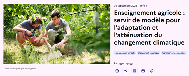 Capture d'ecran du site web du MASA : "Enseignement agricole : servir de modèle pour l’adaptation et l’atténuation du changement climatique"